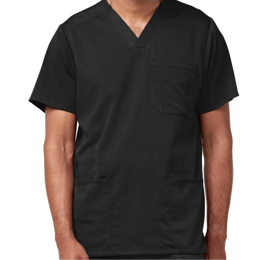 WonderWink Pro Modern Fit Scrub Top Mens Size XS Black V Neck Multi Pocket Shirt
